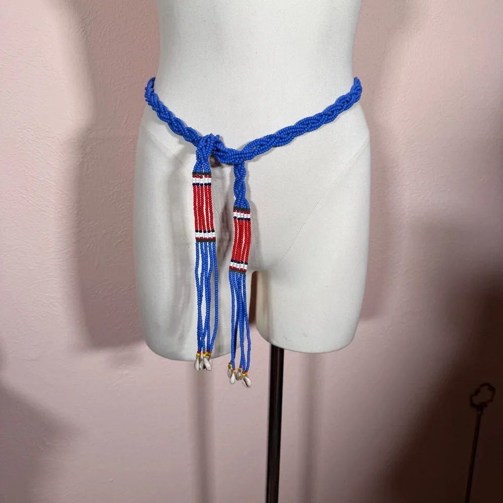 Vintage southwestern red blue Beaded Belt necklace shell tassels adjustable
